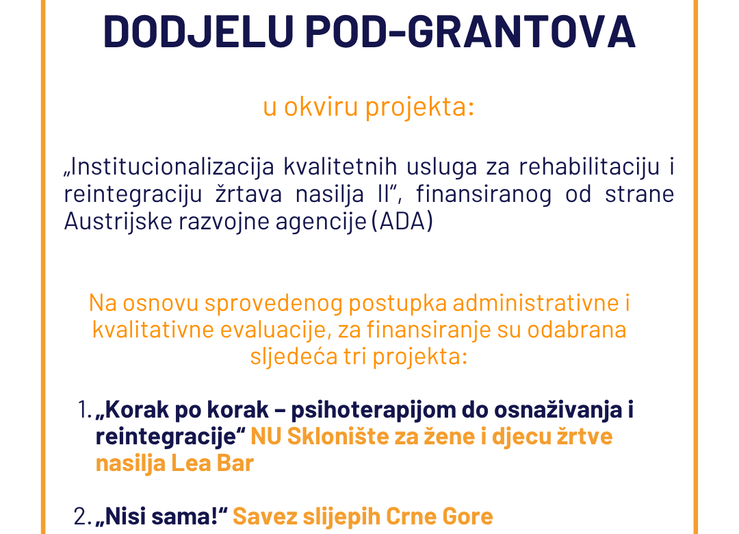 Odabrane organizacije za dodjelu pod-grantova u okviru projekta „Institucionalizacija kvalitetnih usluga za rehabilitaciju i reintegraciju žrtava nasilja II“